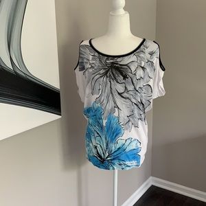 Edista turquoise & black sequin cold shoulder top